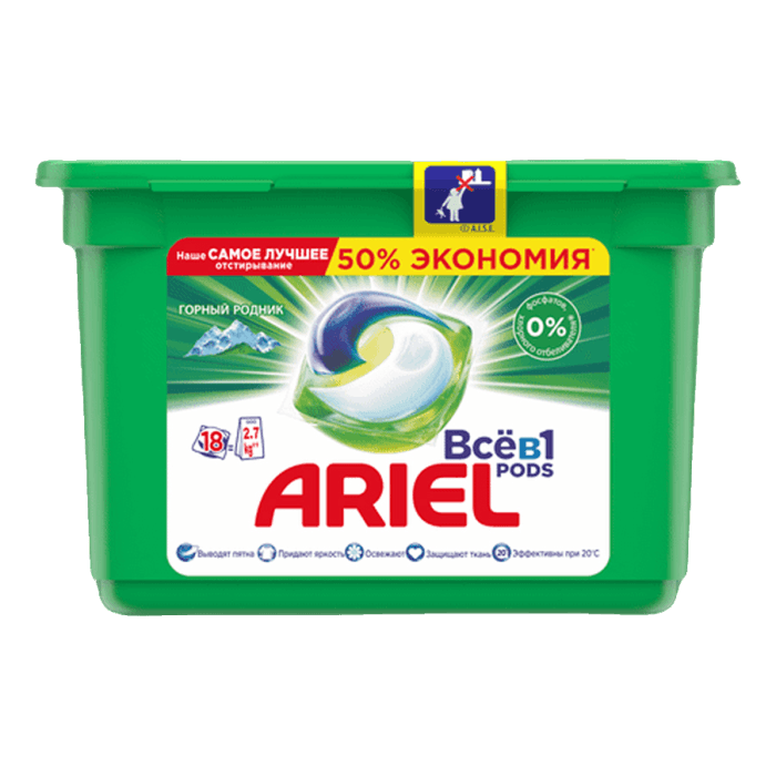 Капсулы для стирки белья "Ariel" 18 капсул 23,8 г, Горный родник Капсулы для стирки белья "Ariel" 18 капсул 23,8 г, Горный родник